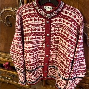 L.L. Bean Red and White Patterned Cardigan